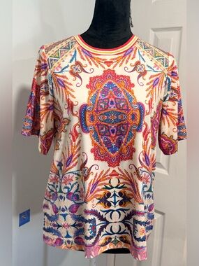 Hale Bob Cream Multicolor Paisley Medallion Crew Neck Tee